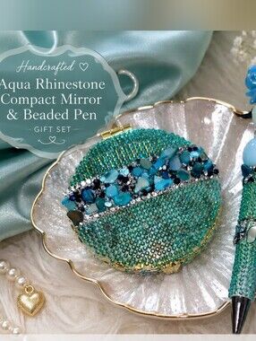 Handcrafted Aqua Rhinestone Compact Mirror & Matching Beaded Pen Gift Set
